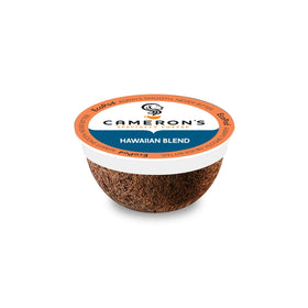 Steaming cup of Cameron's Kona Blend from a single-serve pod.