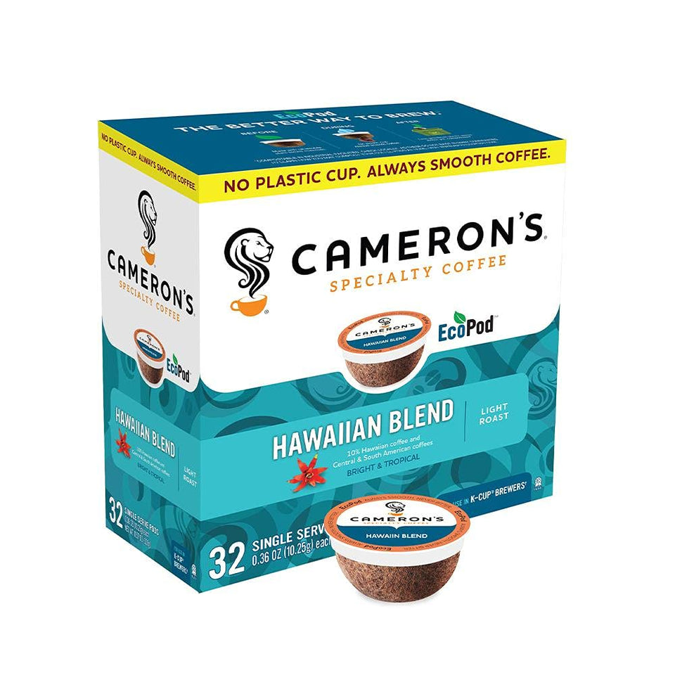 Cameron's Coffee Kona Blend single-serve pods in a box for quick at-home brewing.