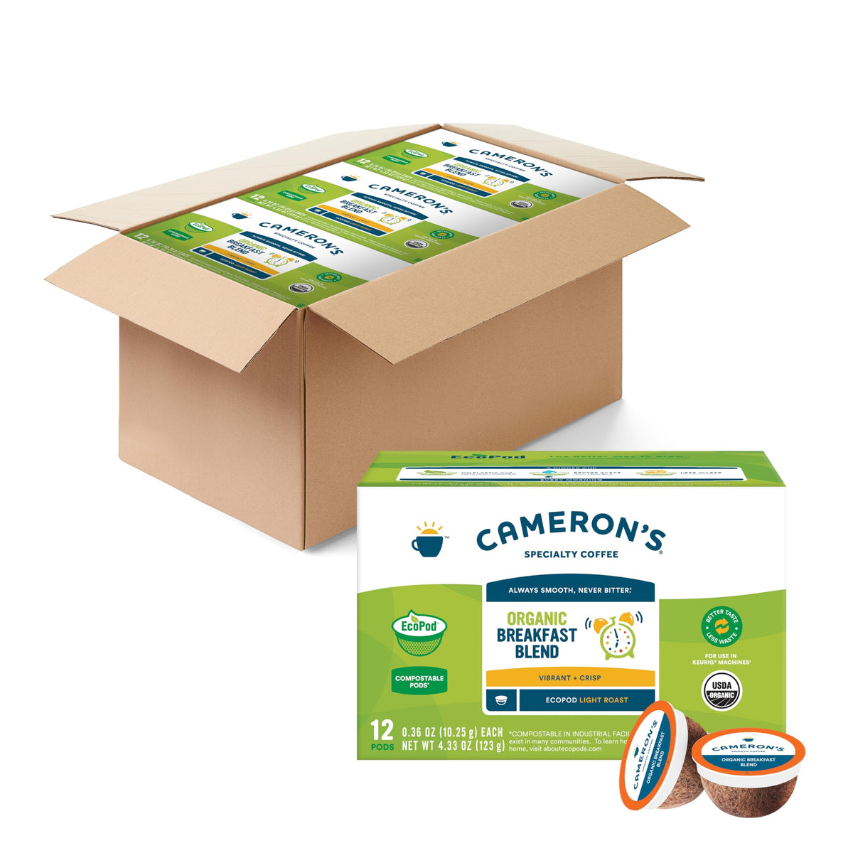 Cameron's Coffee Organic Breakfast Blend pods in a box for convenient mornings.