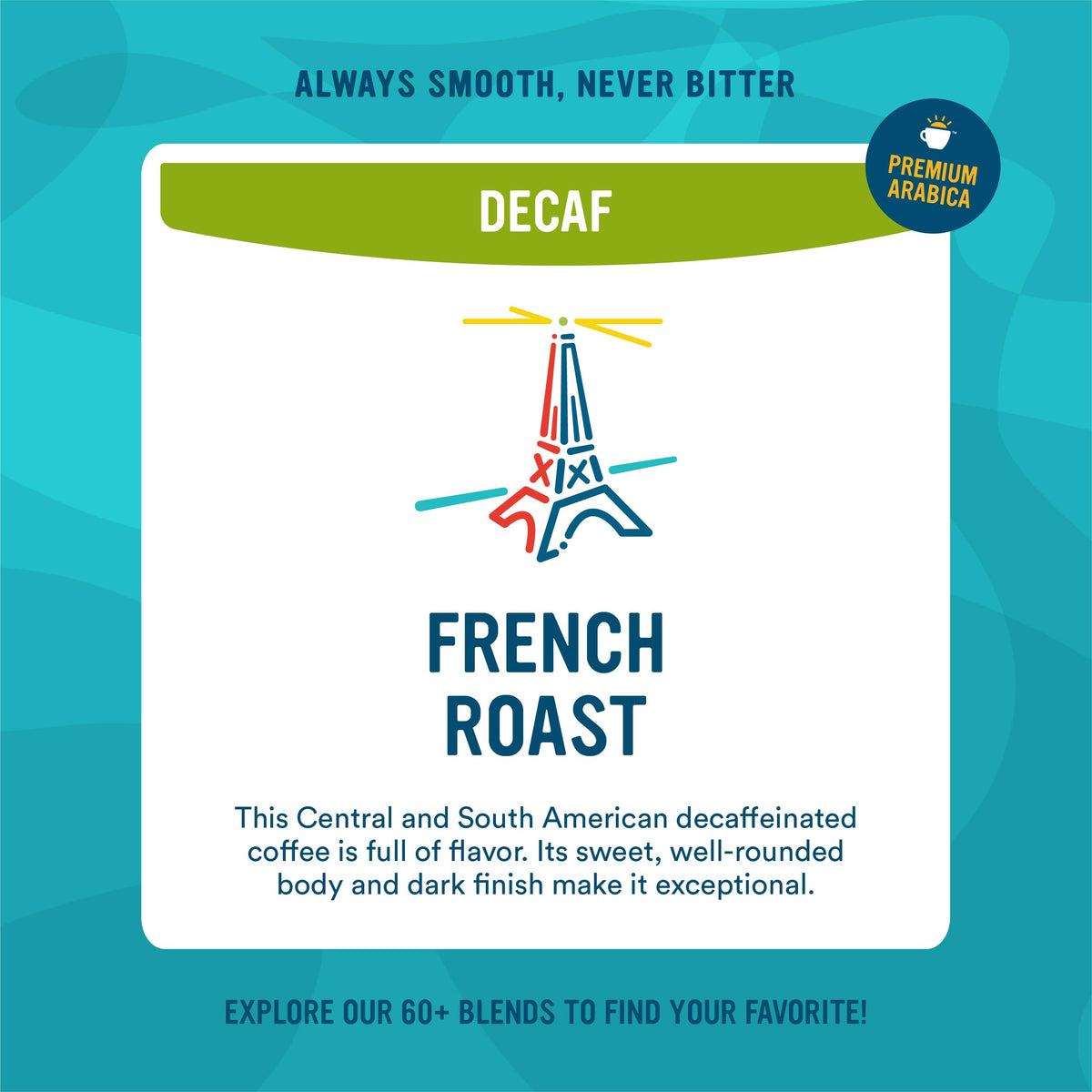 Cameron's Organic Decaf French Roast label close-up showing brand and origin notes.
