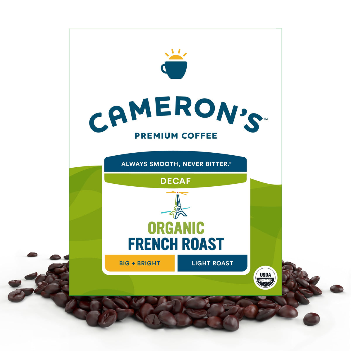 Cameron's Organic Decaf French Roast whole bean 4 lb, ready for home brewing.