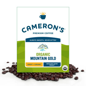 Cameron's Coffee Organic Mountain Gold whole bean 4 lb bag ready for grinding at home.