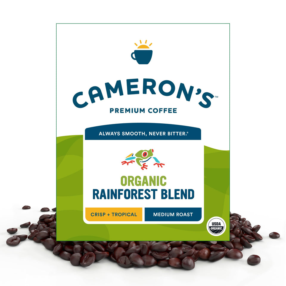 Cameron's Coffee Organic Rainforest Blend beans ready for home brewing with rich flavor