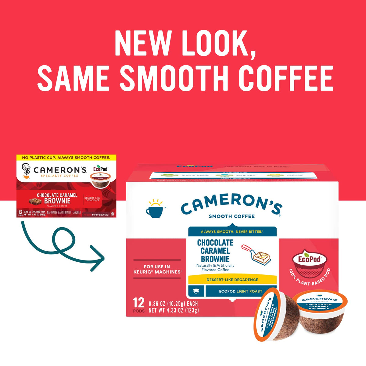 Camerons Coffee pod closeup Chocolate Caramel Brownie aroma and flavor.