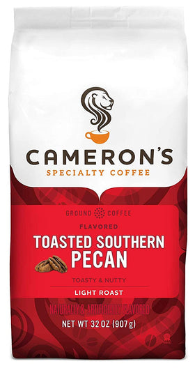 Cameron's Coffee Toasted Southern Pecan beans ready for grinding, delivering rich aroma for mornings.