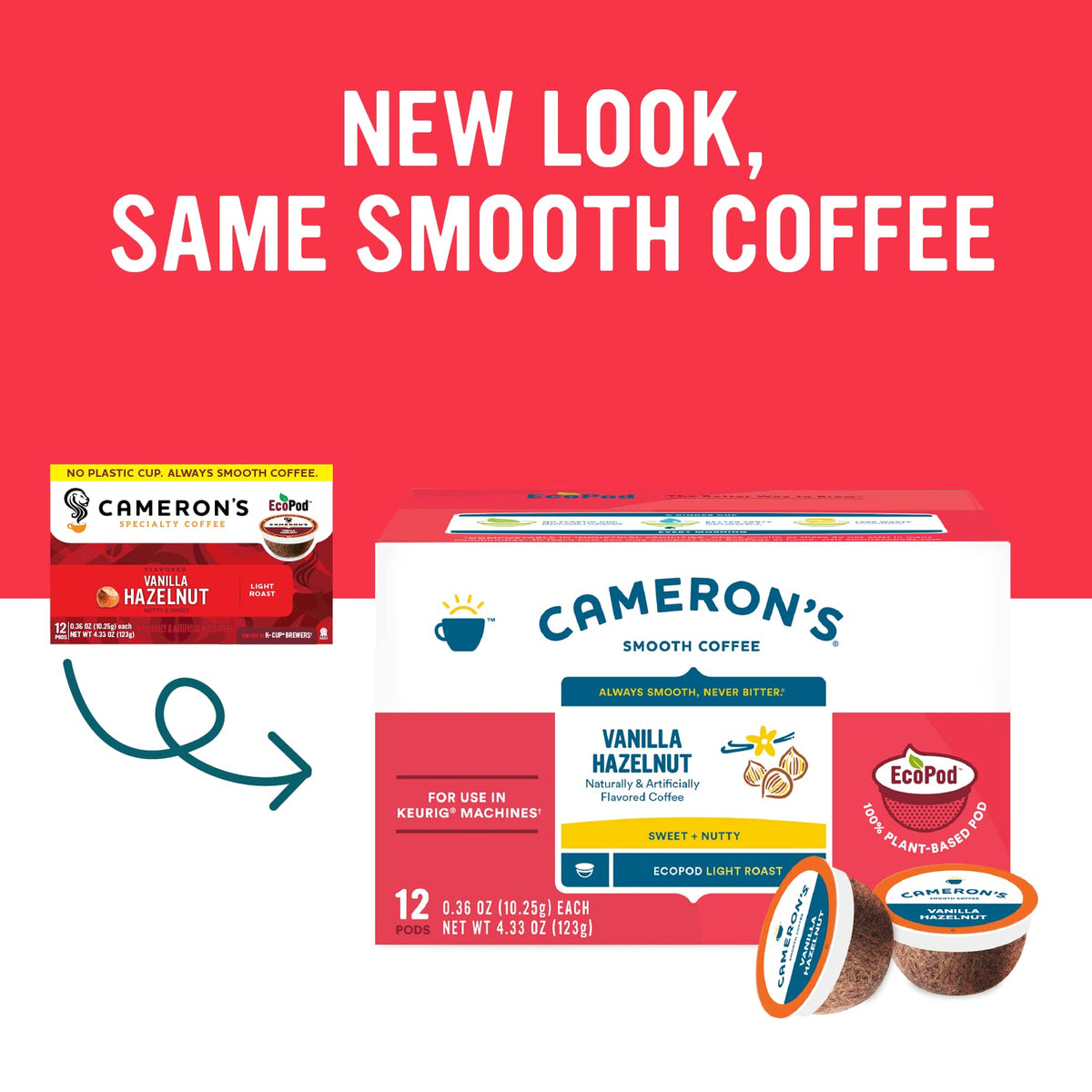 Cameron's Vanilla Hazelnut single-serve pod dispensing into a mug.