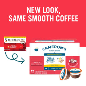 Cameron's Vanilla Hazelnut single-serve pod dispensing into a mug.