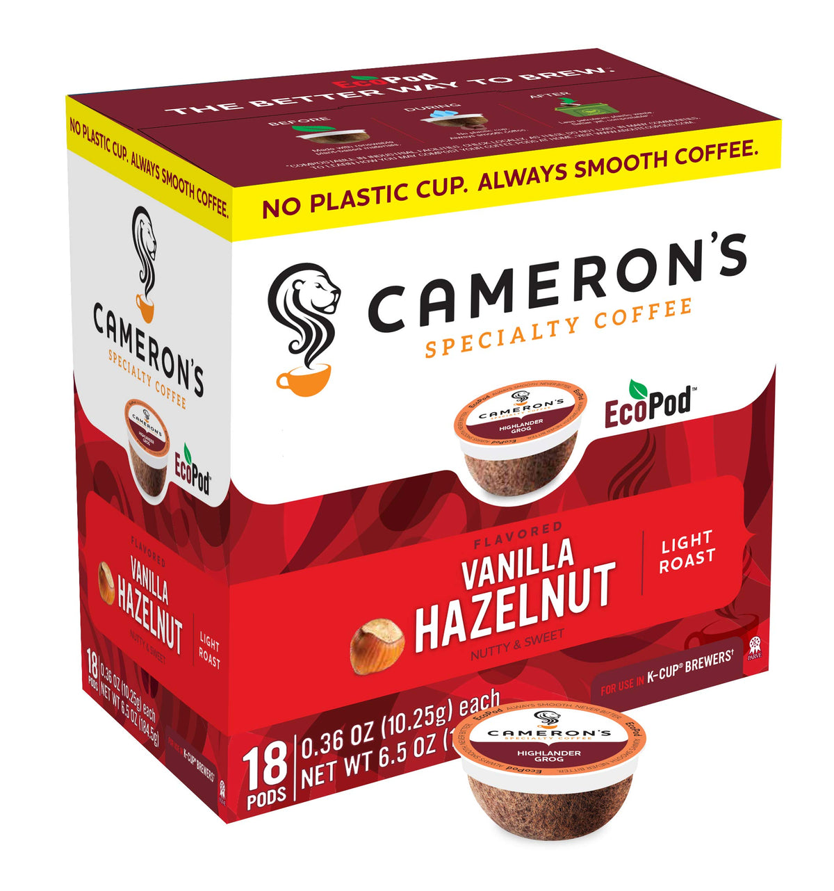 Cameron's Coffee Vanilla Hazelnut pods box showcasing convenient single-serve flavor