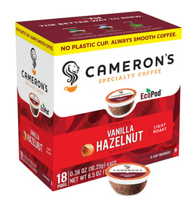 Cameron's Coffee Vanilla Hazelnut pods box showcasing convenient single-serve flavor