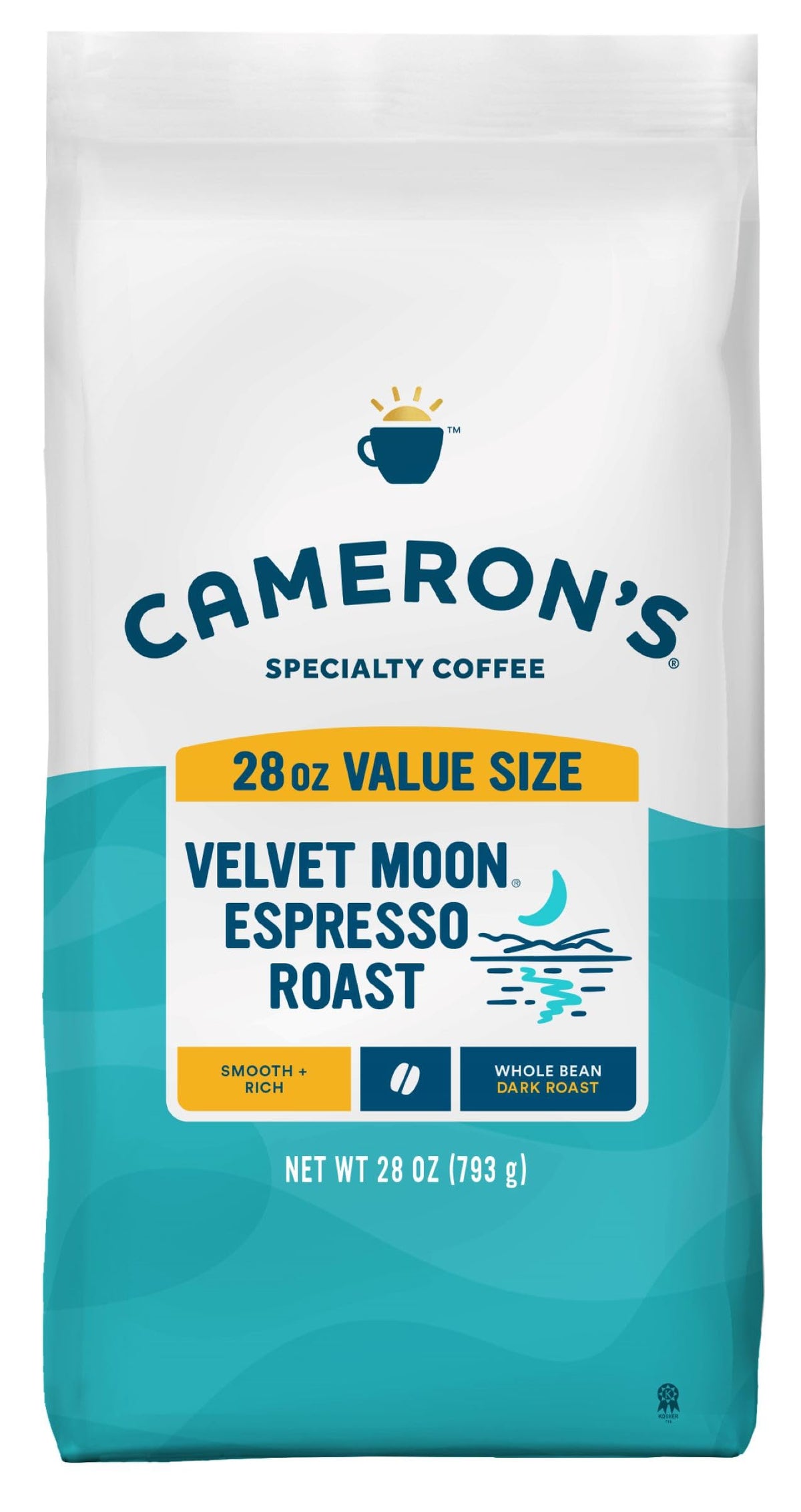 Cameron's Velvet Moon Espresso Roast whole bean bag with rich aroma for home brewing.