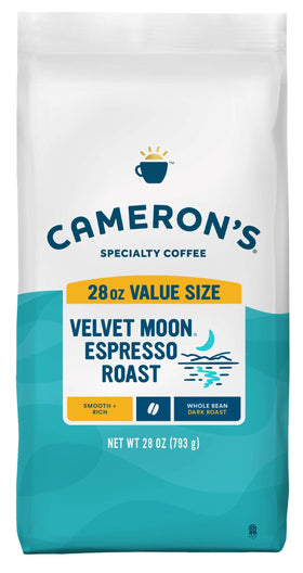 Cameron's Velvet Moon Espresso Roast whole bean bag with rich aroma for home brewing.