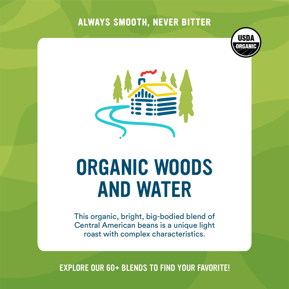 Cameron's Woods and Water label detail shows organic blend