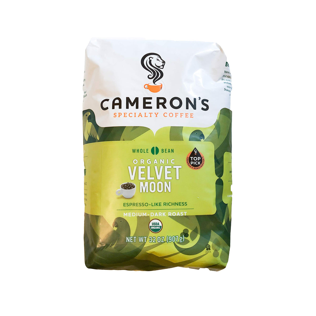 Cameron's Organic Velvet Moon whole beans in bag, ready to grind for a fresh cup.