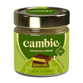 Cambie pistachio cream jar shows premium pistachio spread for desserts and pastries