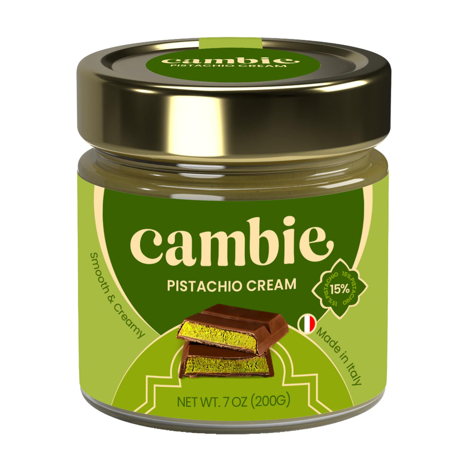 Cambie pistachio cream jar shows premium pistachio spread for desserts and pastries