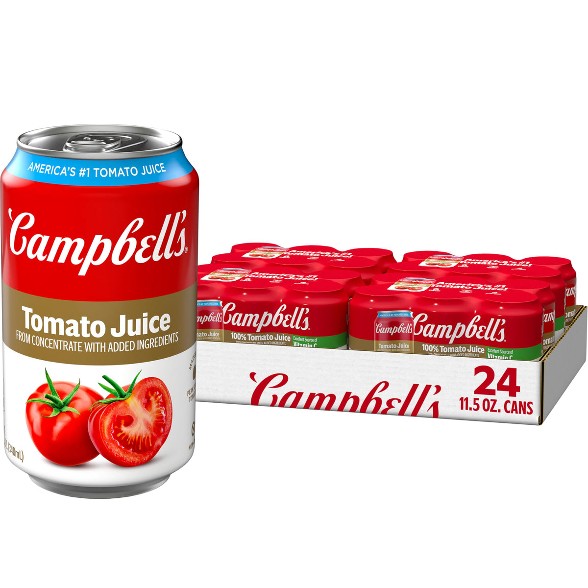 Campbell's 100% Tomato Juice can front view, pantry-ready 24-pack for easy meals.