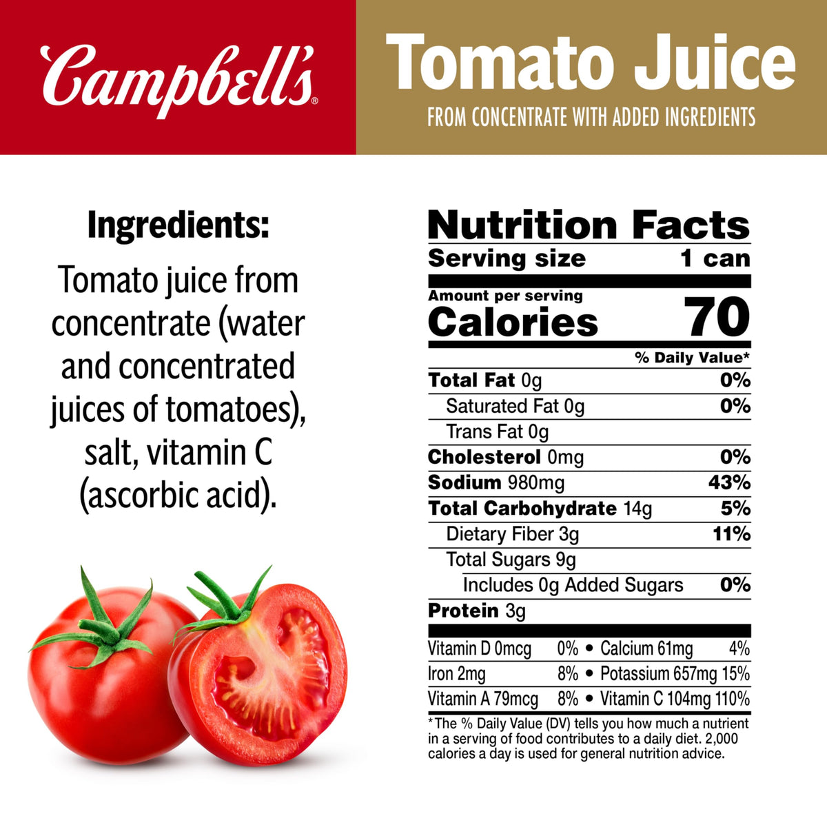 Close-up of vine-ripened tomatoes used in Campbell's 100% Tomato Juice for rich flavor.