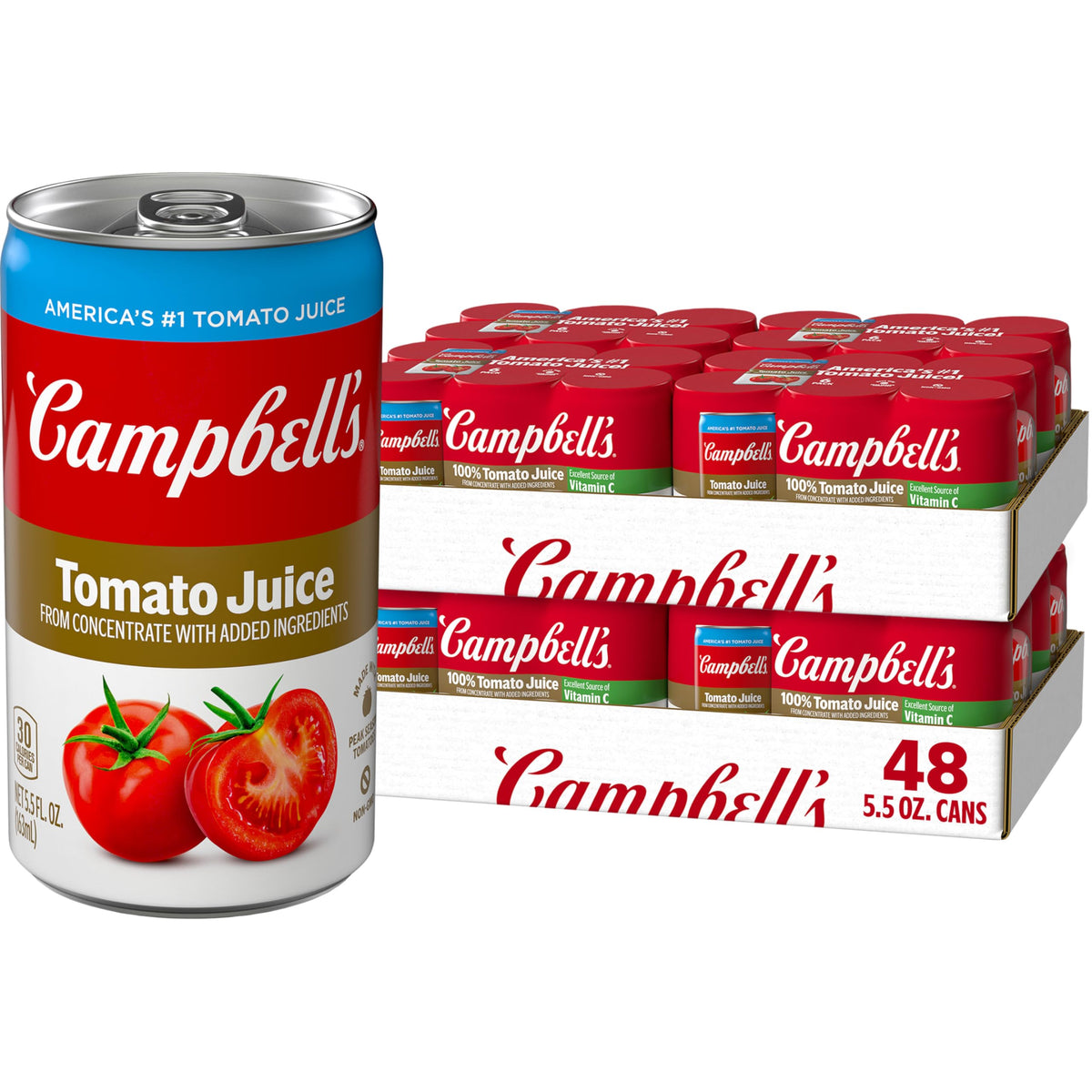 Campbell's 100% Tomato Juice can, ready to drink on the go.