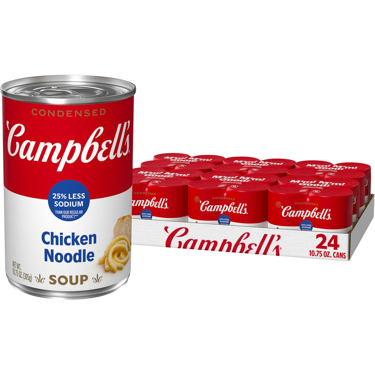 Campbell’s 25% less sodium chicken noodle soup can front showing reduced-sodium option