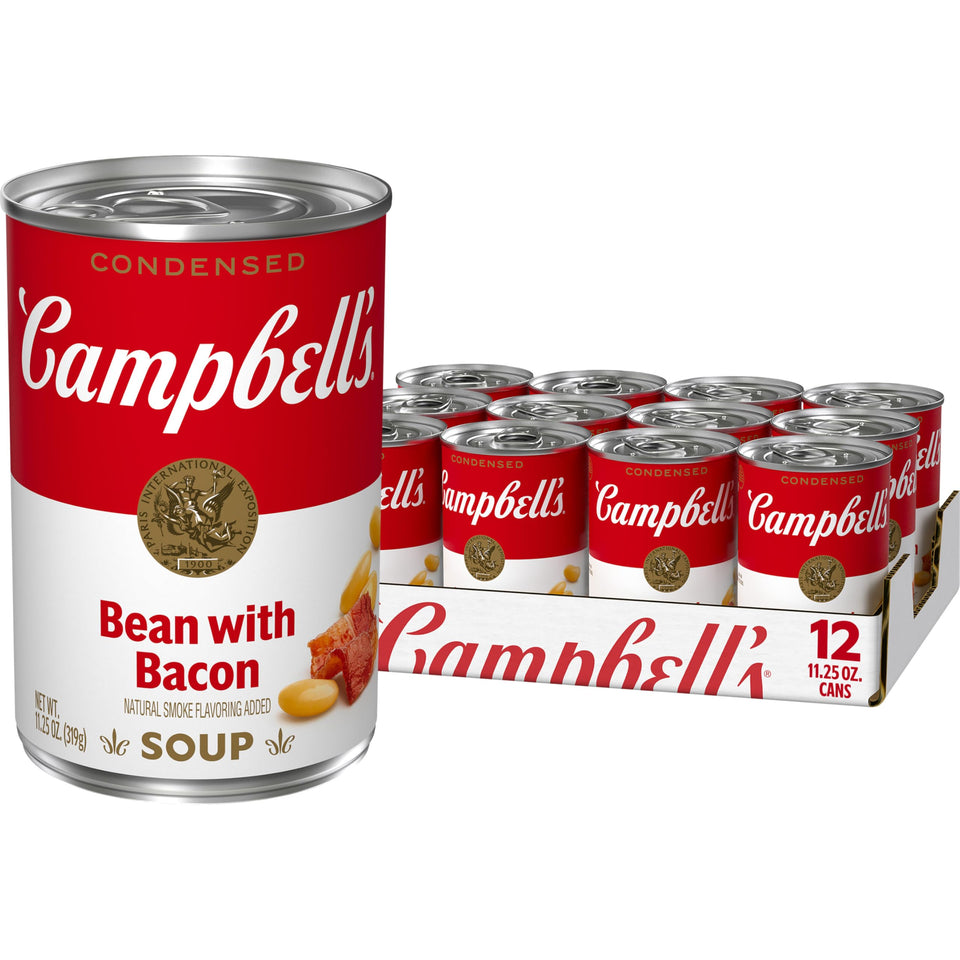 Campbell's Bean with Bacon Soup can front, perfect for a comforting lunch
