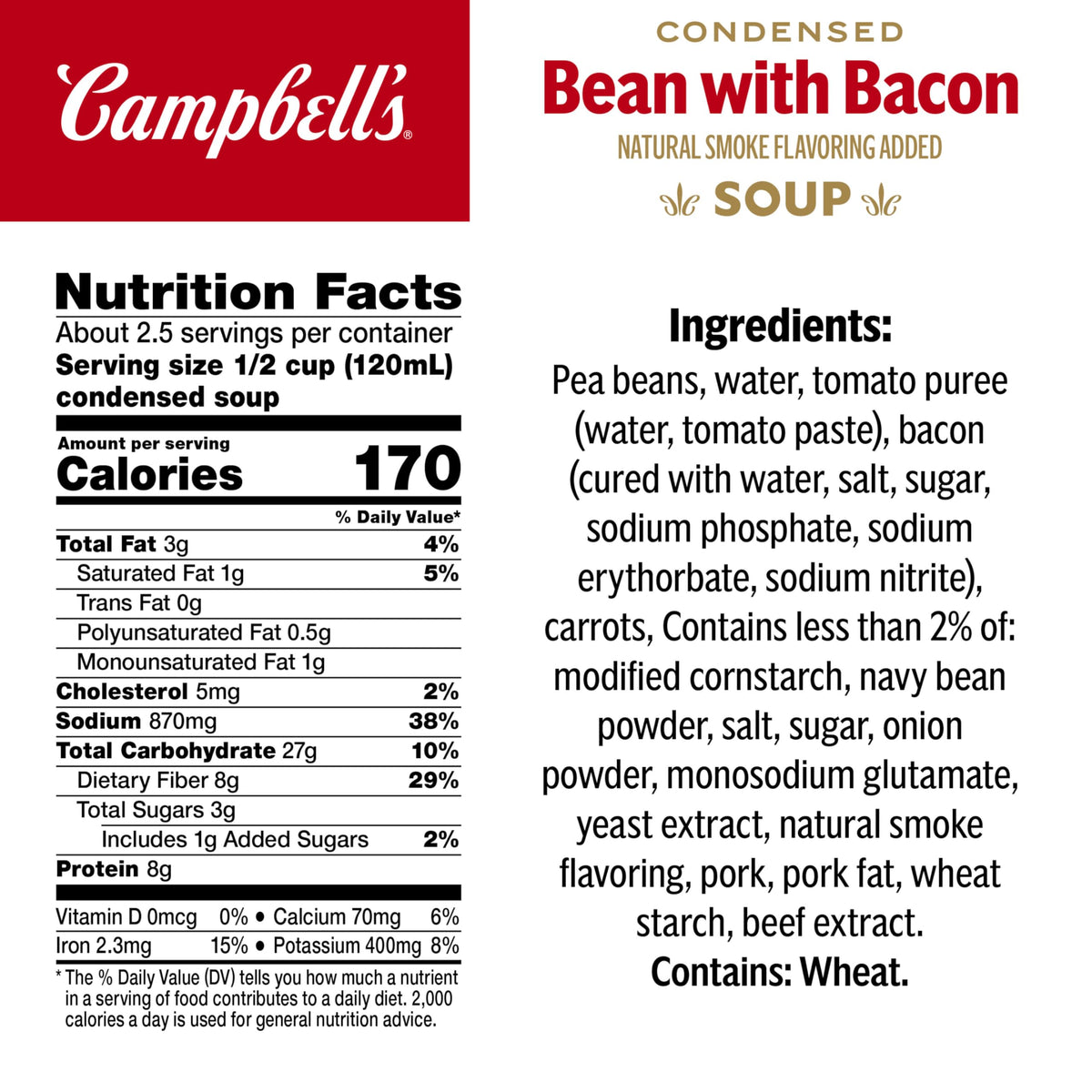 Ingredients panel shows beans and bacon for hearty flavor