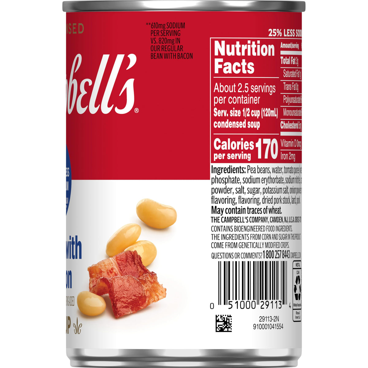 Campbell's Bean With Bacon Soup packaging display at shelf.