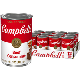 Campbell's Beef Consomme can with label ready to pour for rich flavor.