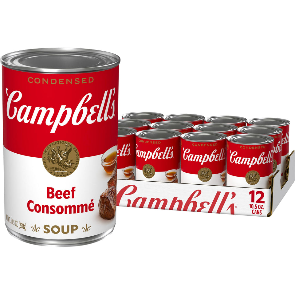 Campbell's Beef Consomme can with label ready to pour for rich flavor.