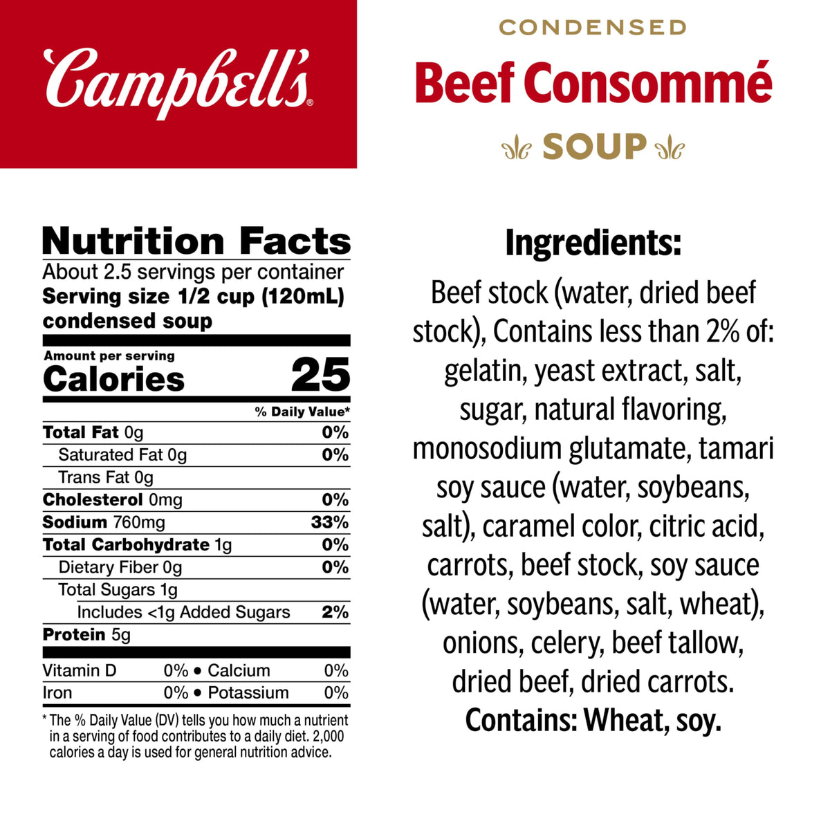 Campbell's Beef Consomme can on pantry shelf for quick meals.