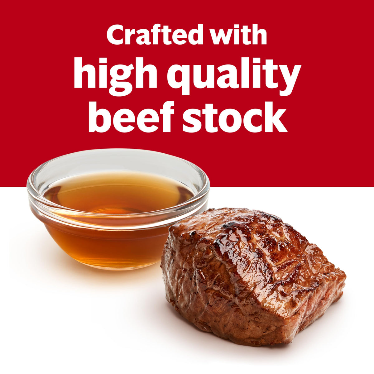 Campbell's Beef Consomme stock close-up highlights depth and aroma.