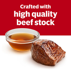 Campbell's Beef Consomme stock close-up highlights depth and aroma.