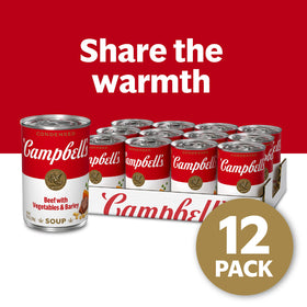 Steaming bowl of Campbell's beef with vegetables and barley soup.