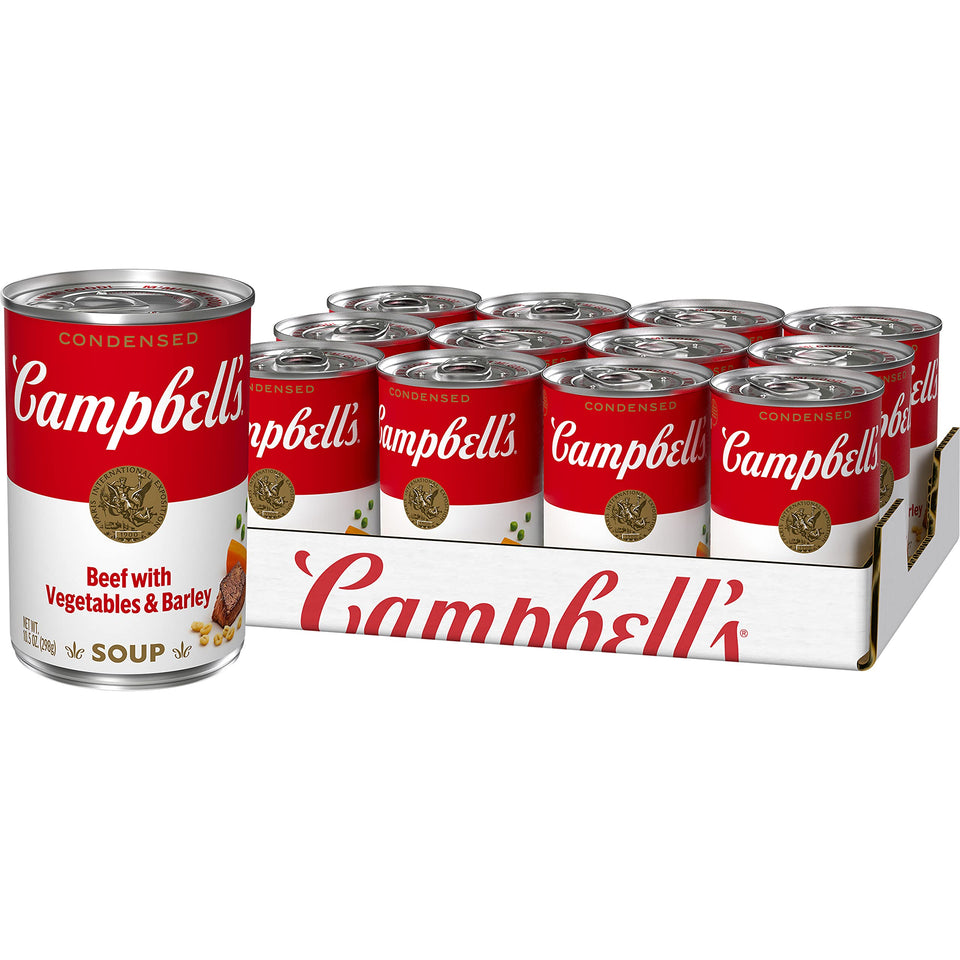 Campbell's beef with vegetables and barley cans on shelf for quick meals.