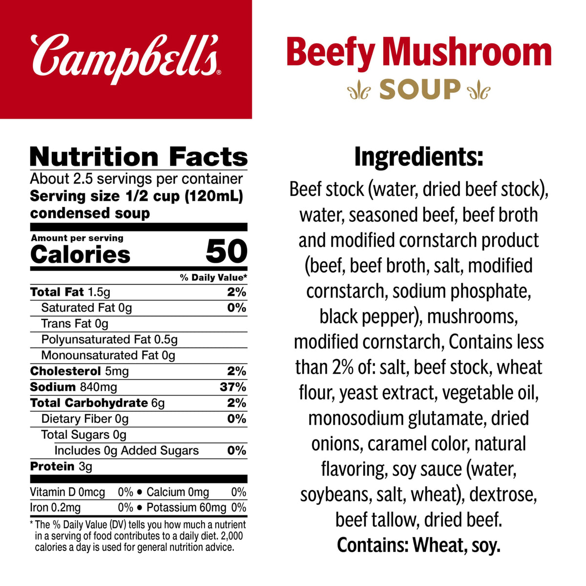 Campbell's Beefy Mushroom Soup label close-up highlighting beefy mushroom flavor.
