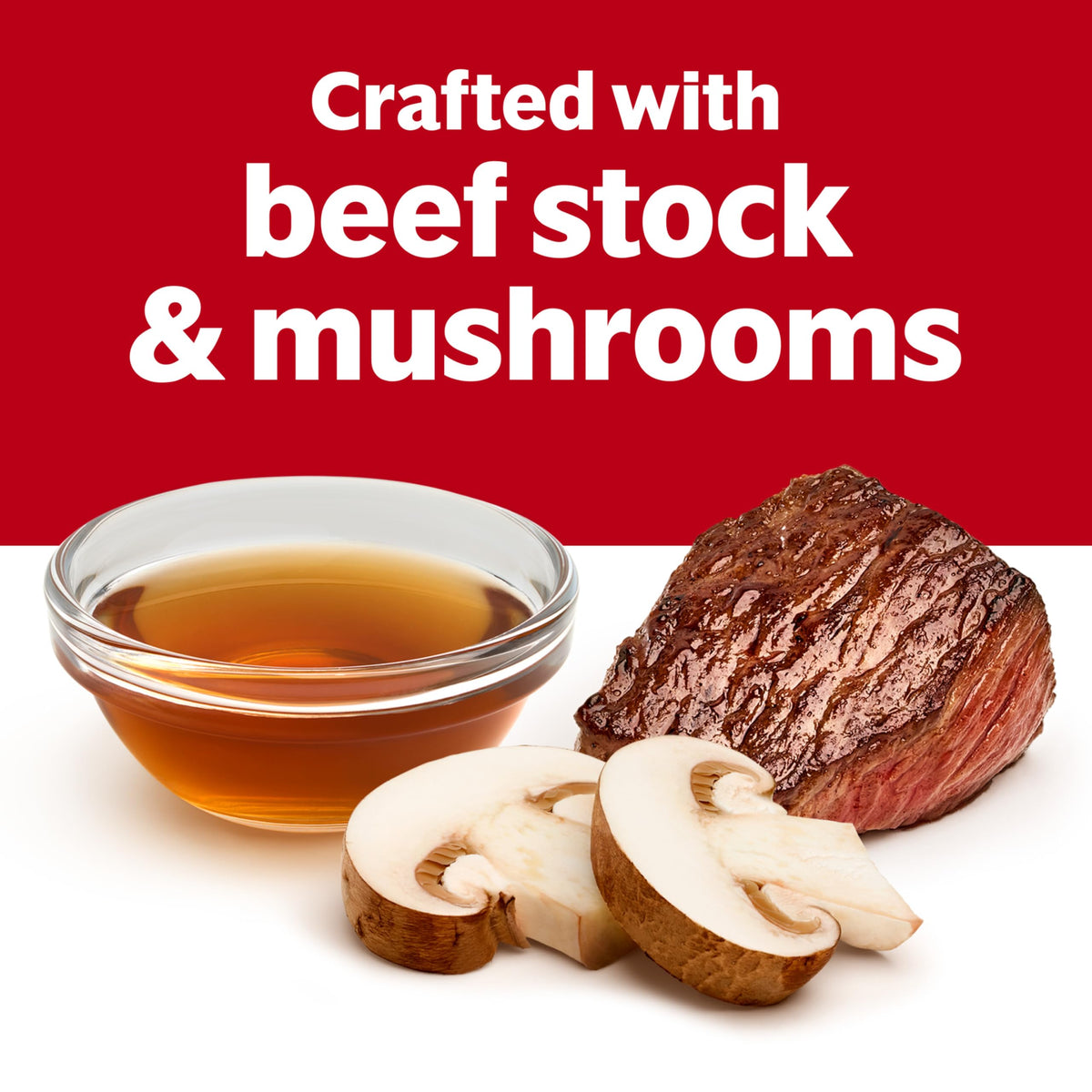 Serving bowl with Campbell's Beefy Mushroom Soup, ready-to-serve.