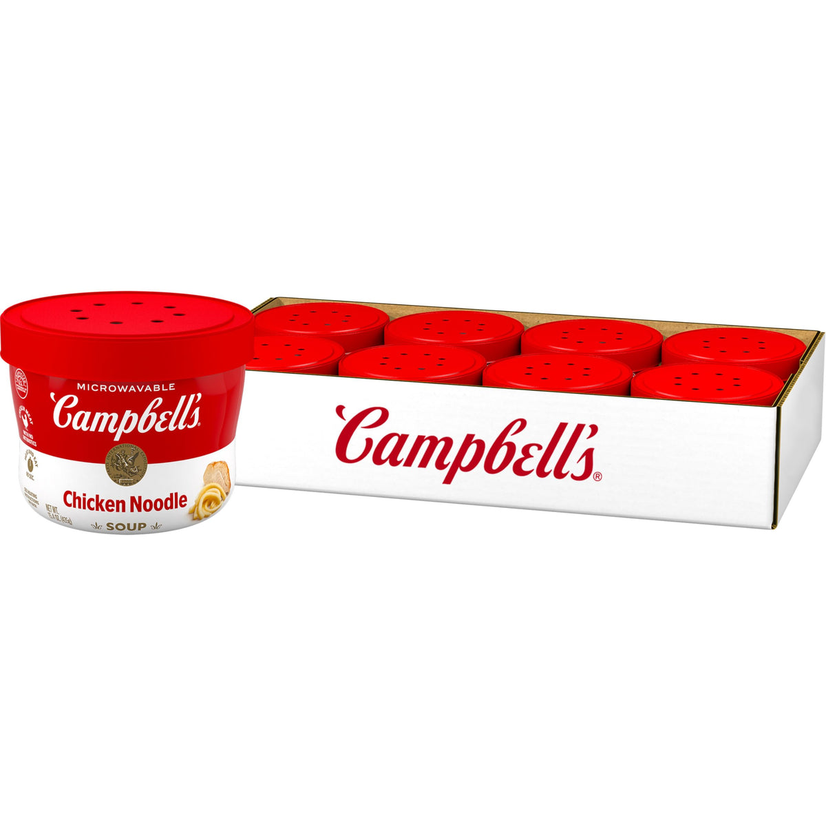 Campbell's Chicken Noodle Soup microwavable bowl, quick lunch option.