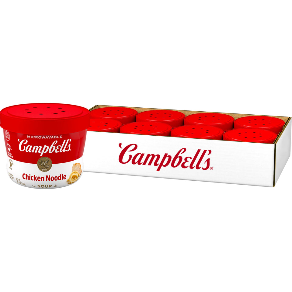 Campbell's Chicken Noodle Soup microwavable bowl, quick lunch option.