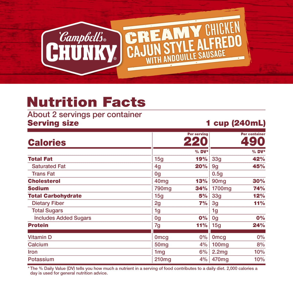 Campbell's Chunky Andouille sausage close-up with chunky ingredients for robust flavor.