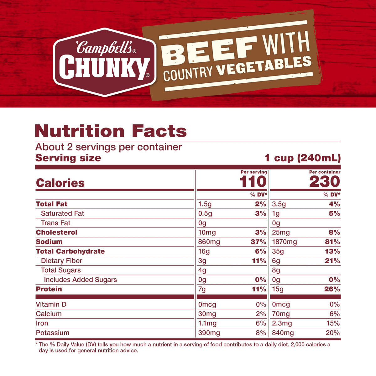 Campbell's Chunky Beef Soup with Country Vegetables beef chunks close-up, protein-forward meal option