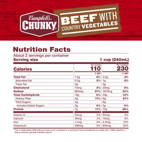Campbell's Chunky Beef Soup with Country Vegetables beef chunks close-up, protein-forward meal option