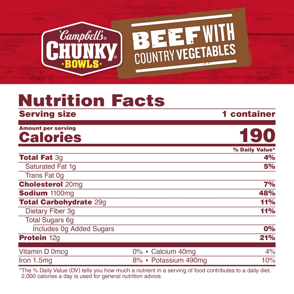 Beef chunks and vegetables close-up, protein-packed Campbell's Chunky option.