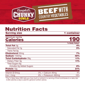 Beef chunks and vegetables close-up, protein-packed Campbell's Chunky option.