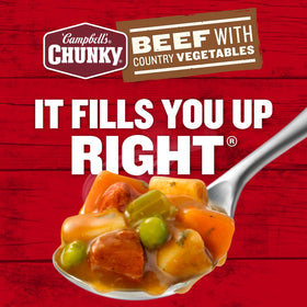 Campbell's Chunky Beef Soup with Country Vegetables campfire scene, outdoor meal on the go
