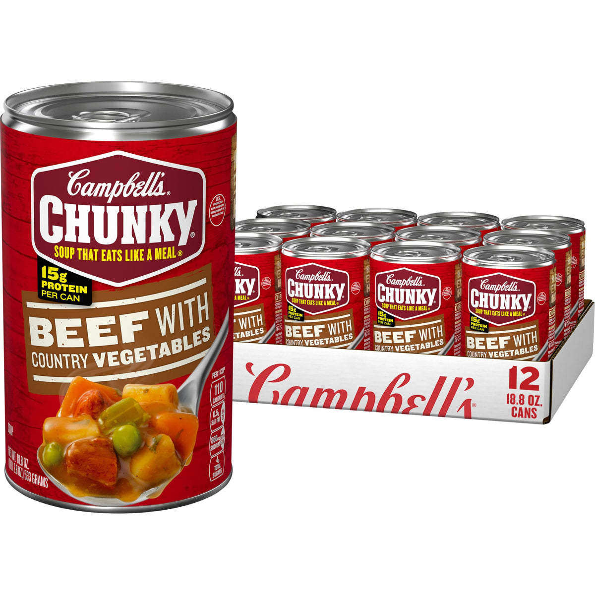 Campbell's Chunky Beef Soup with Country Vegetables front view can, hearty flavor ready to enjoy