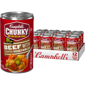 Campbell's Chunky Beef Soup with Country Vegetables front view can, hearty flavor ready to enjoy