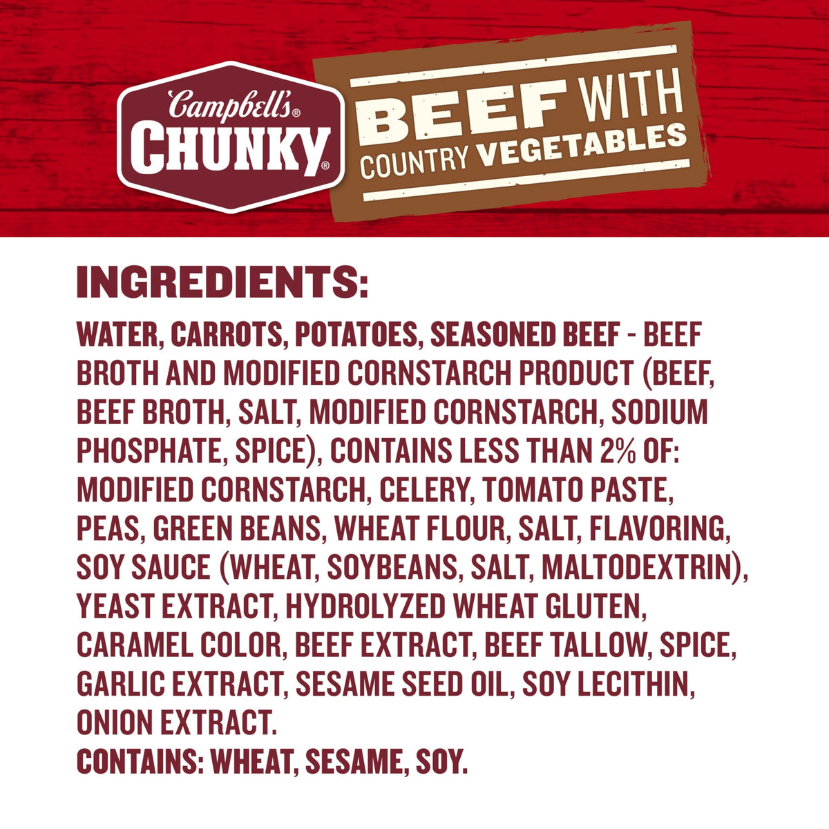 Campbell's Chunky Beef Soup with Country Vegetables vegetables close-up, carrots and peas for texture