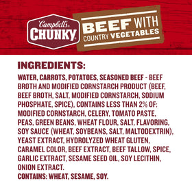 Campbell's Chunky Beef Soup with Country Vegetables vegetables close-up, carrots and peas for texture