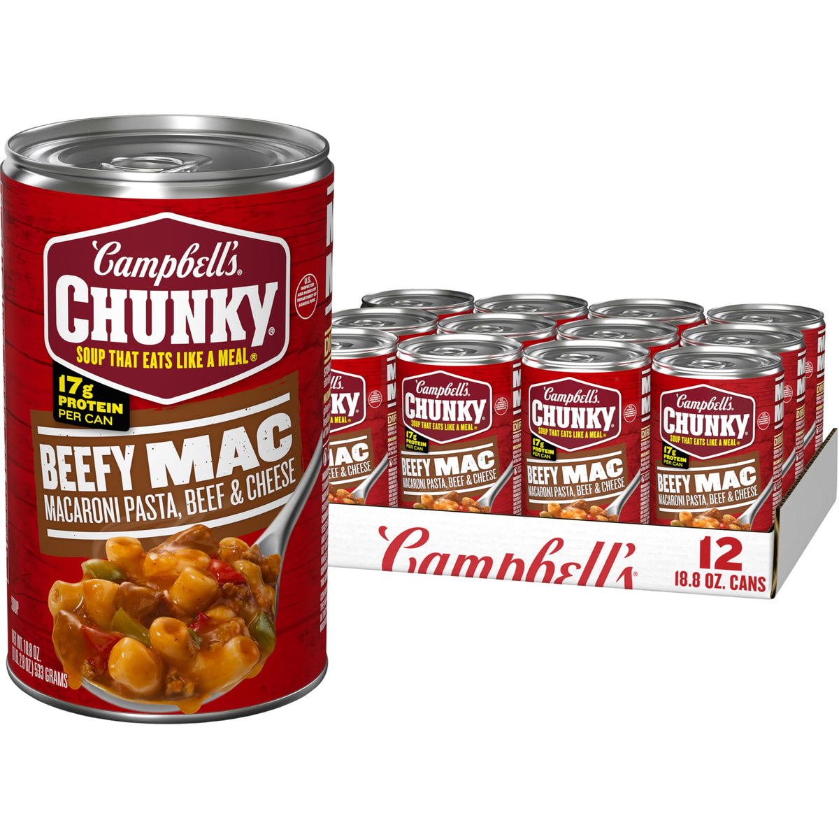 Campbell’s Chunky Beefy Mac Soup can front view for quick, hearty meals.