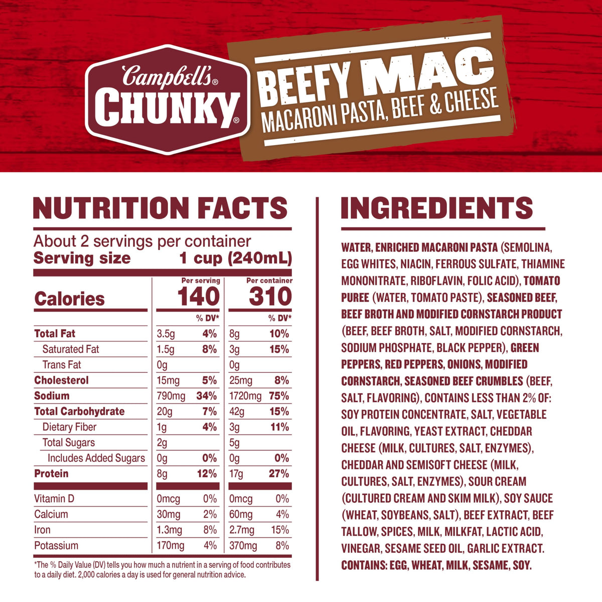 Campbell’s Chunky Beefy Mac Soup ingredients close-up showing beef and peppers.
