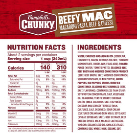 Campbell’s Chunky Beefy Mac Soup ingredients close-up showing beef and peppers.